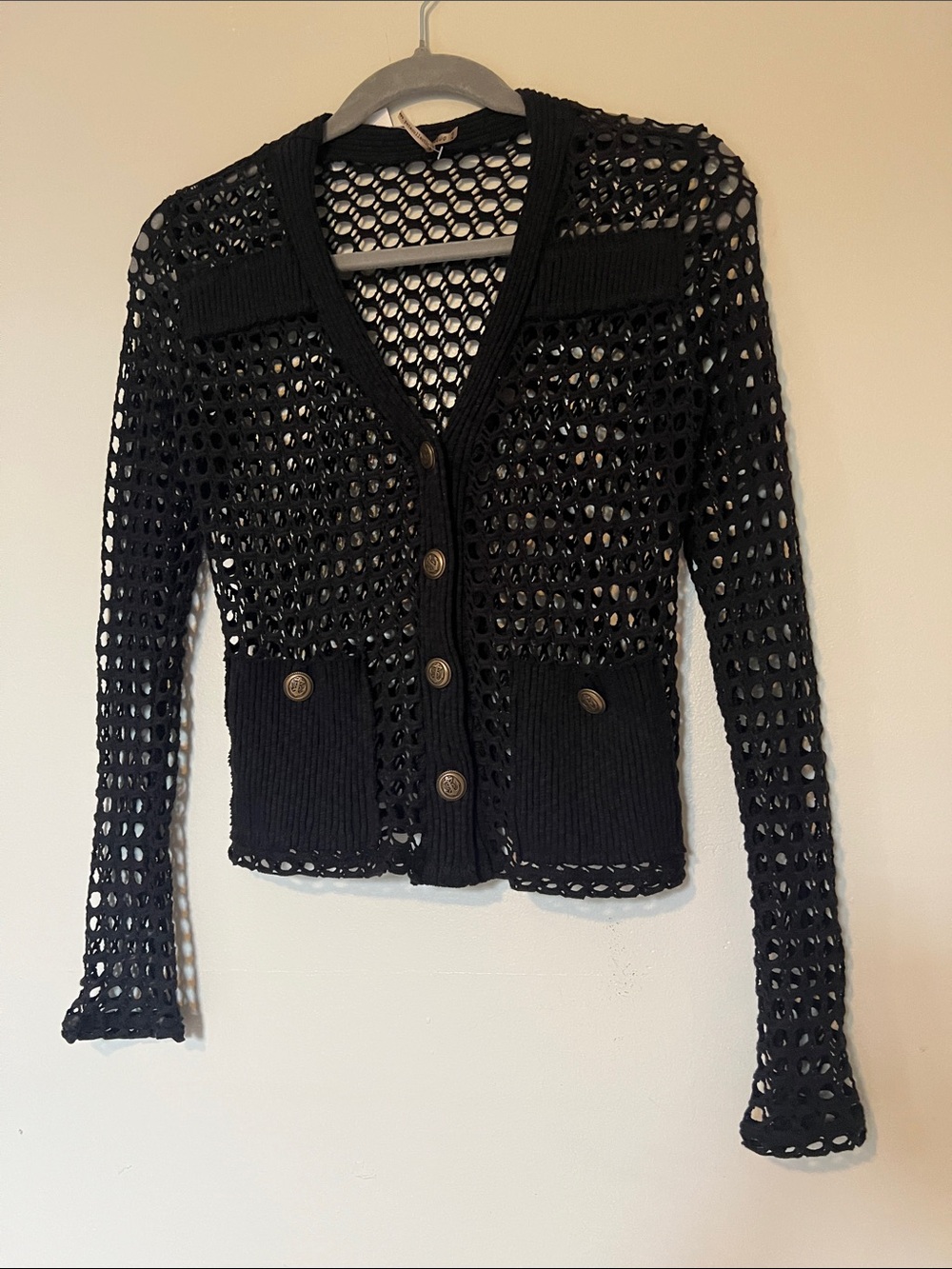 Pete Black Open-Knit Button Front Women's Sweater Cardigan